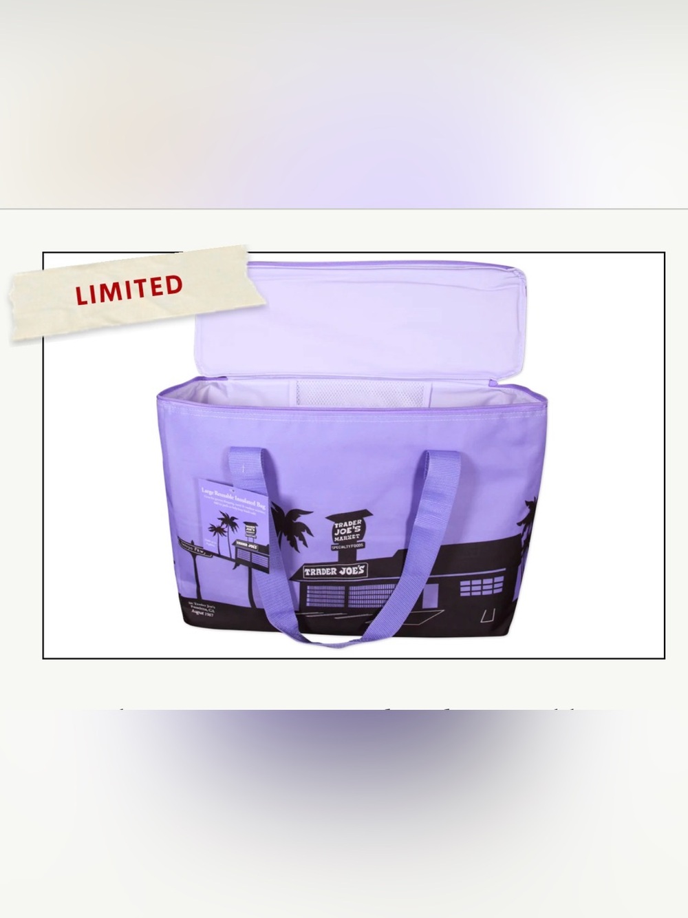 NWT 2 Trader Joe's Purple Lavender Reusable Insulated Tote Bag